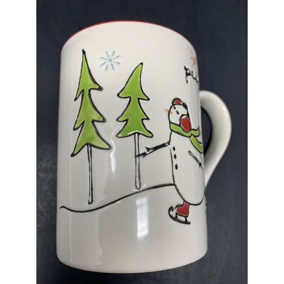 TAG ICE SKATING SNOWMAN PEACE MUG 16 oz Embossed Holiday Christmas Red Interior - Picture 9 of 9